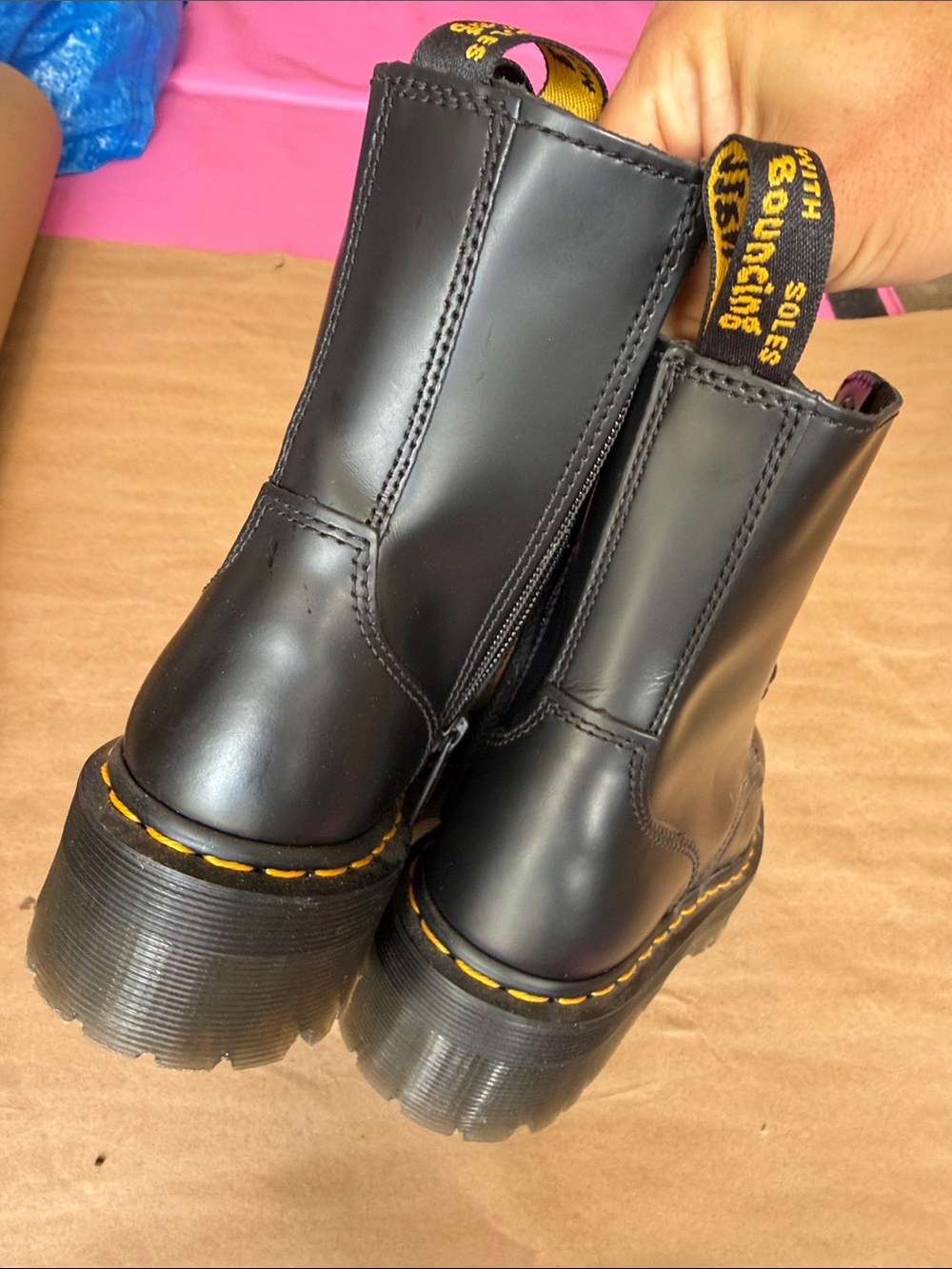 Dr. Martens Black Lace-Up Platform Combat Boots with Yellow Welt Stitch - Picture 2 of 3